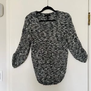 Jessica Simpson Grey White Blue Crop Knit Pullover Woven Asymmetrical XS Sweater